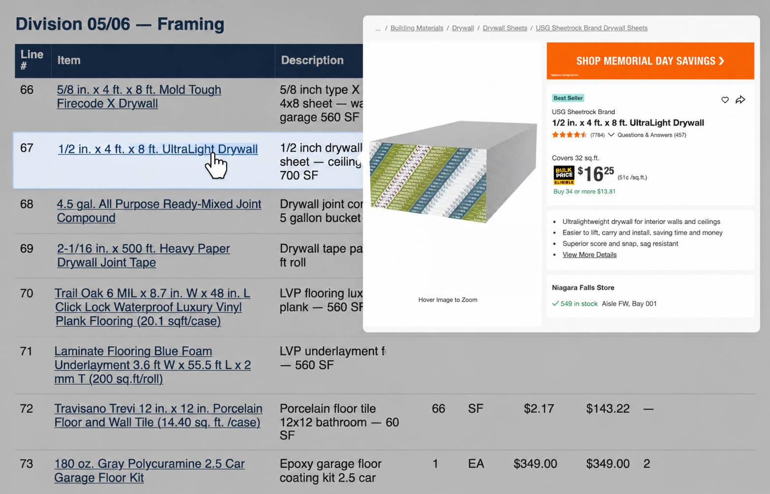 Estimate line items priced against a live Home Depot product page