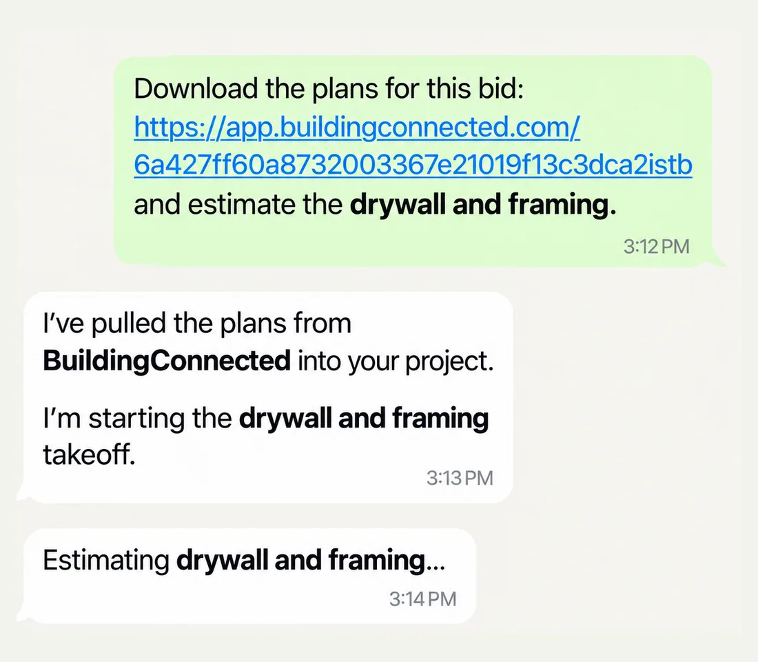 WhatsApp thread: the user pastes a BuildingConnected bid link and asks for a drywall and framing estimate; Field24 replies that it has pulled the plans into the project and is starting the takeoff