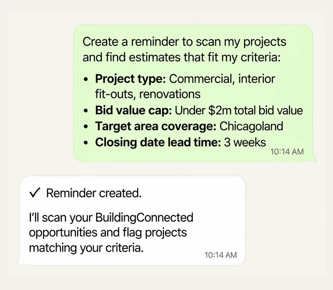 WhatsApp thread: the user asks for a reminder to scan projects matching commercial interior fit-outs under $2M in Chicagoland with three weeks of lead time; Field24 confirms the reminder is created