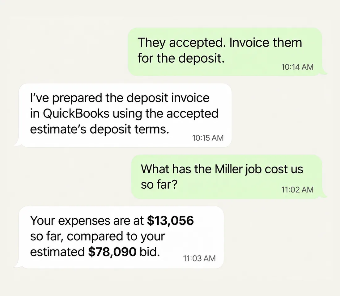 WhatsApp thread: the user says the customer accepted and asks for a deposit invoice, then asks what the Miller job has cost so far; Field24 prepares the invoice in QuickBooks and reports expenses of $13,056 against a $78,090 bid