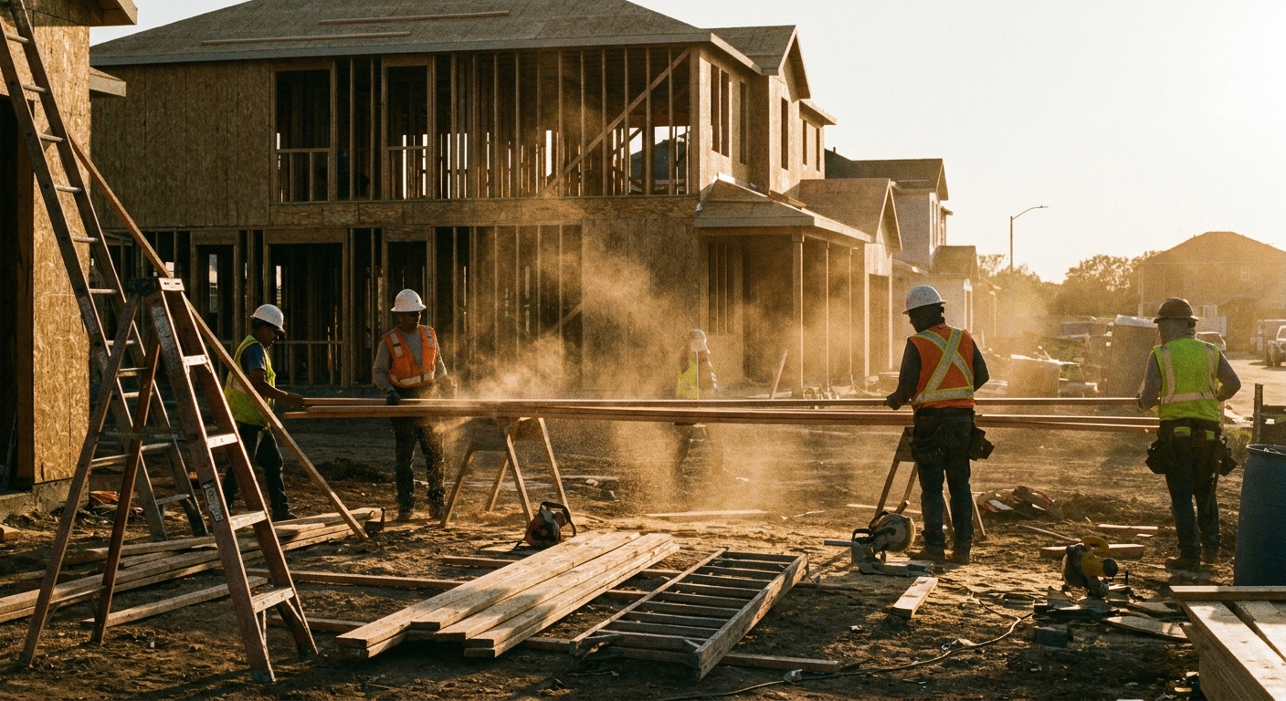 Framing crew working a jobsite at golden hour