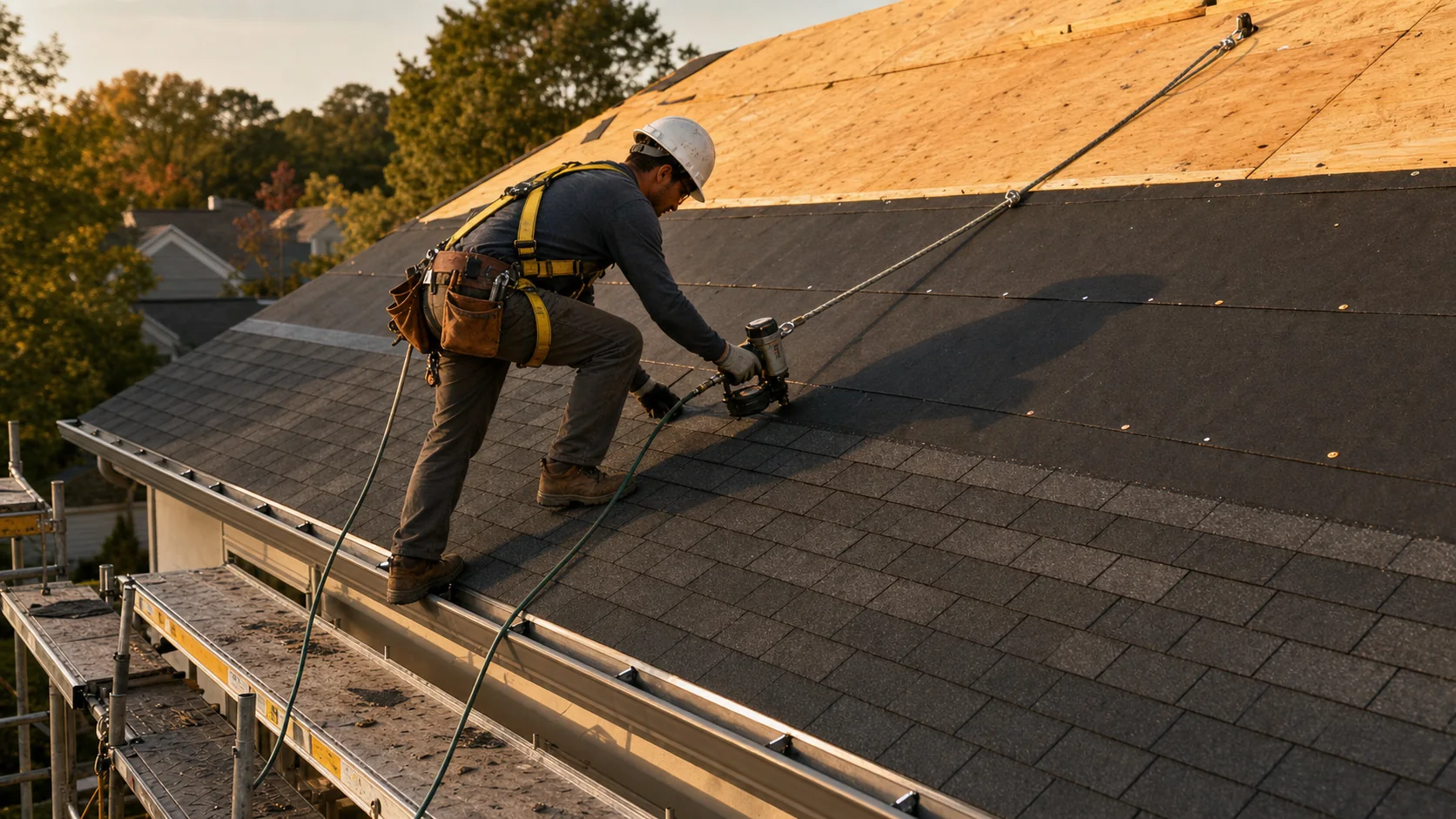 Roofer installing asphalt shingles over felt underlayment during a roof replacement